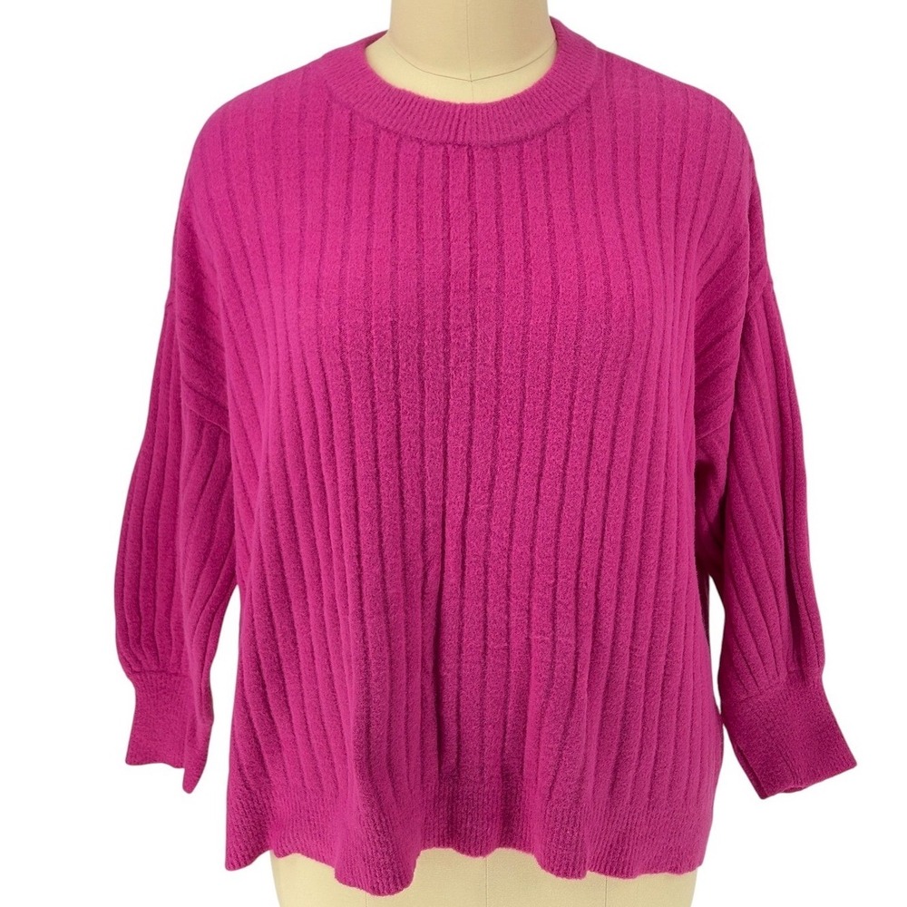 Aerie Ribbed Knit Sweater Magenta Pink Crew Neck Soft XL‎
